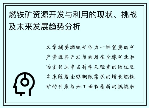 燃铁矿资源开发与利用的现状、挑战及未来发展趋势分析